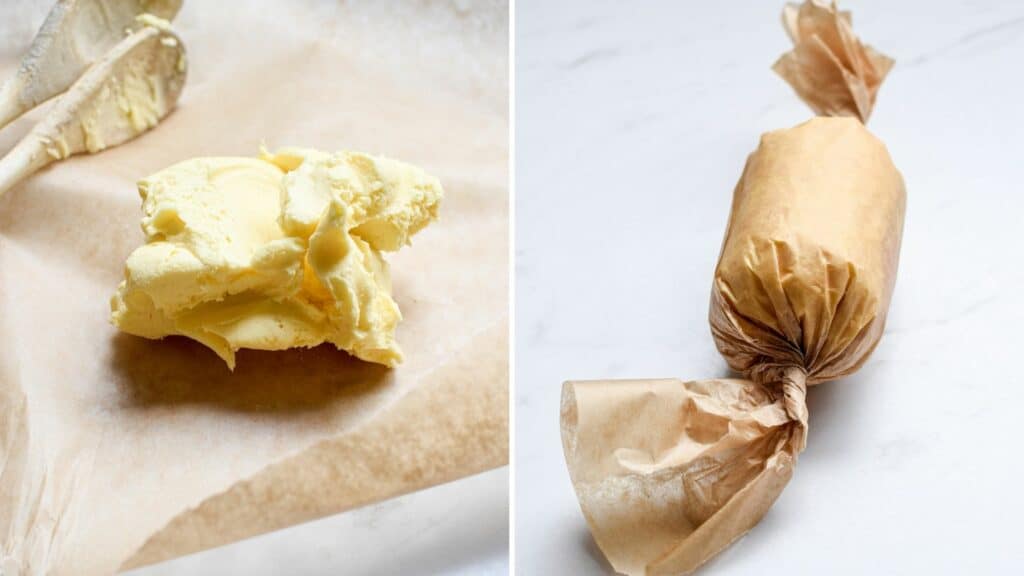 side by side of cultured butter clump on top of parchment paper, then rolled into the parchment paper completely 