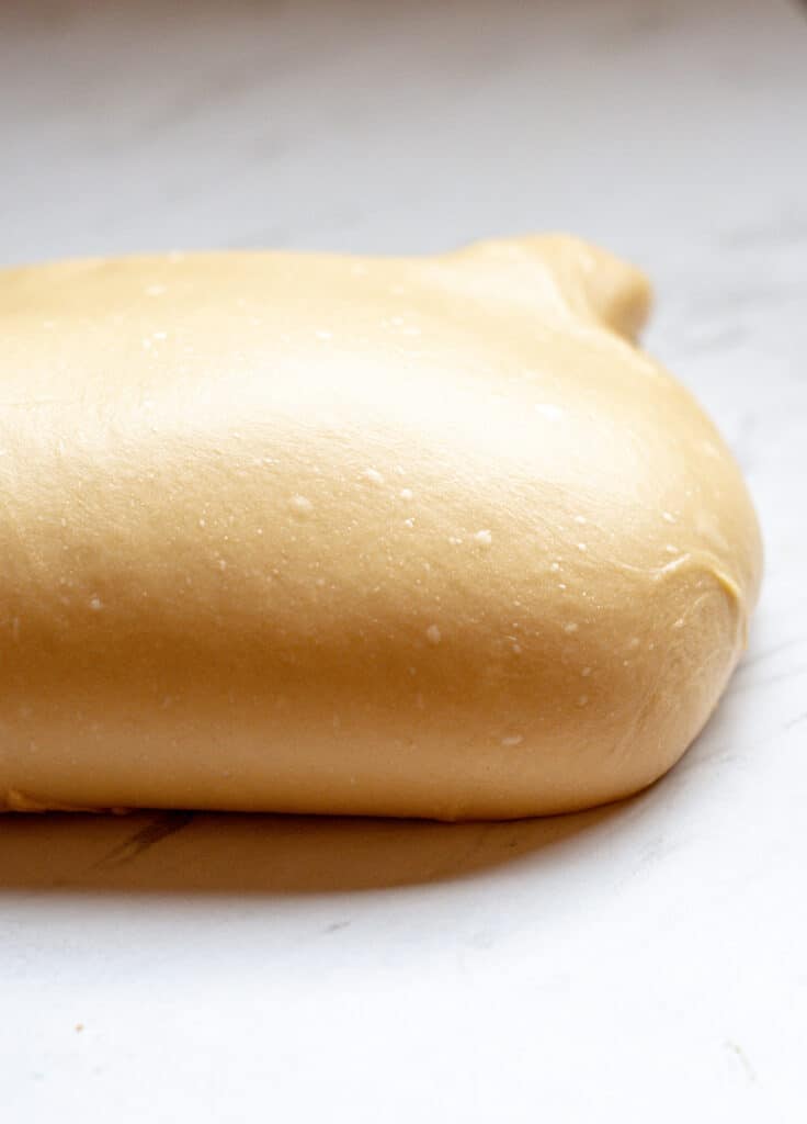 glossy brioche dough on a bench