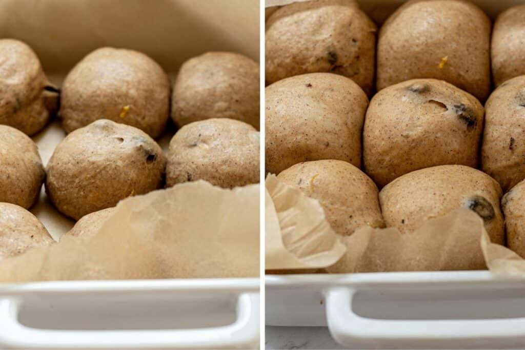 side by side of hot cross buns rising and risen