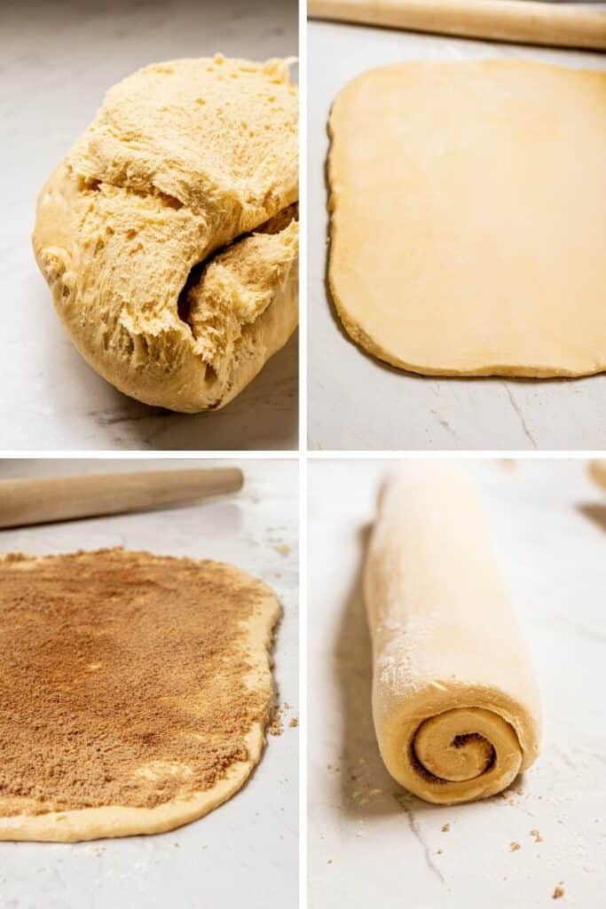 4 pictures of brioche dough. The first is a ball of dough, the second is rolled out, the third is covered with brown sugar and the fourth is rolled up into a cylinder