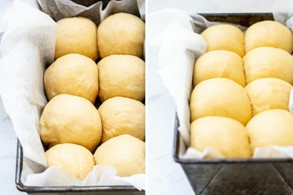 Side by side showing dough balls before rising and the dough ball after rising 