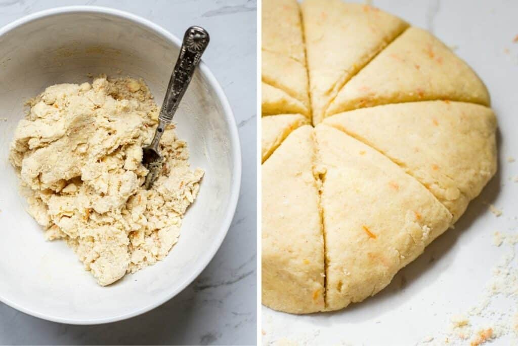 side by side of scone dough and scones being cut
