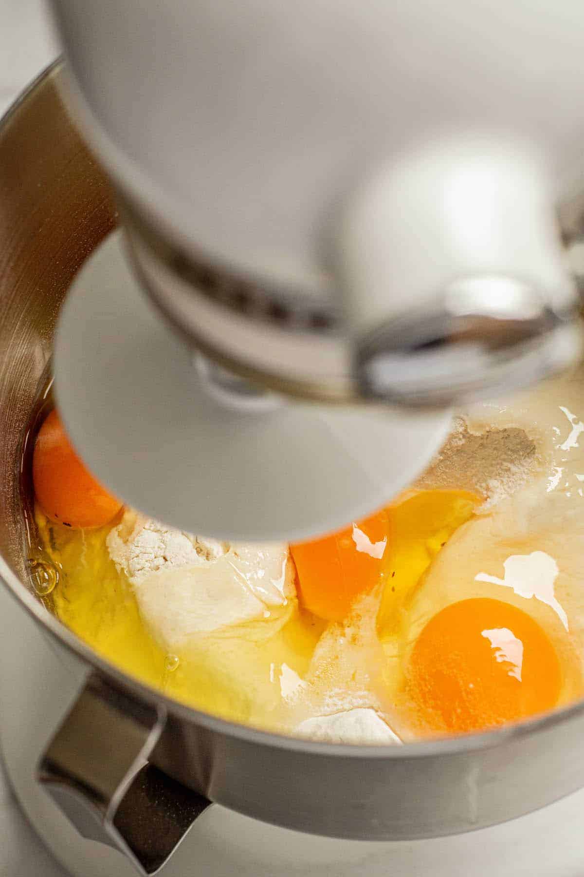 eggs and flour in a stand mixer.