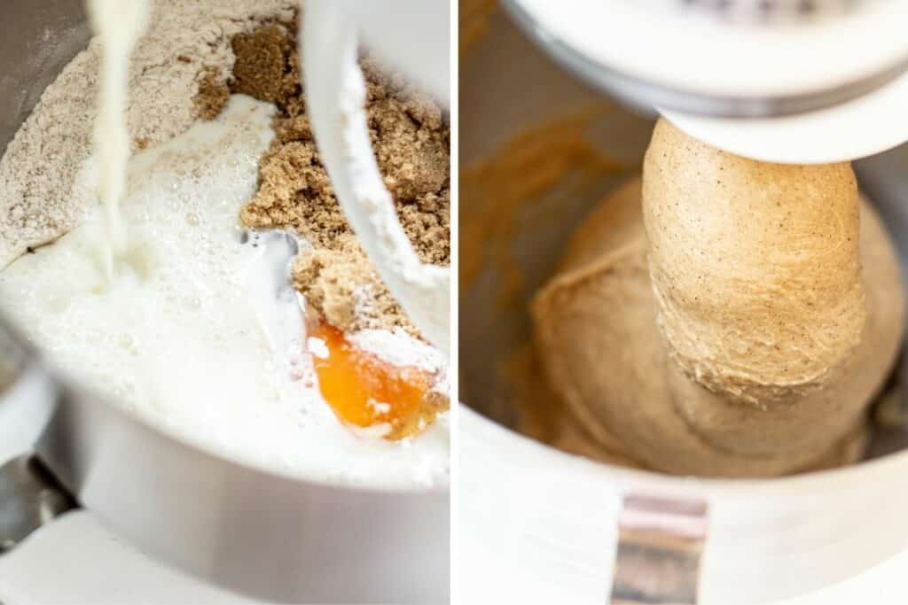 side by side pictures of ingredients in a mixer, and a picture of the ingredients made into dough