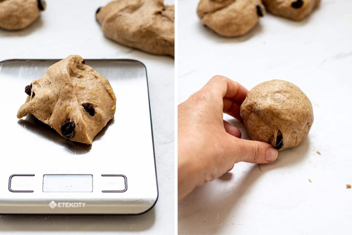 two pictures side by side. On of dough being weighed on scales, the other of a dough ball being formed by hand