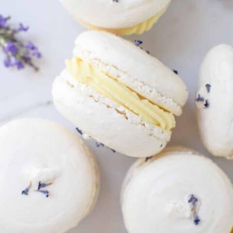 6 white macarons with a yellow ganache in the middle. lavender flowers in the background