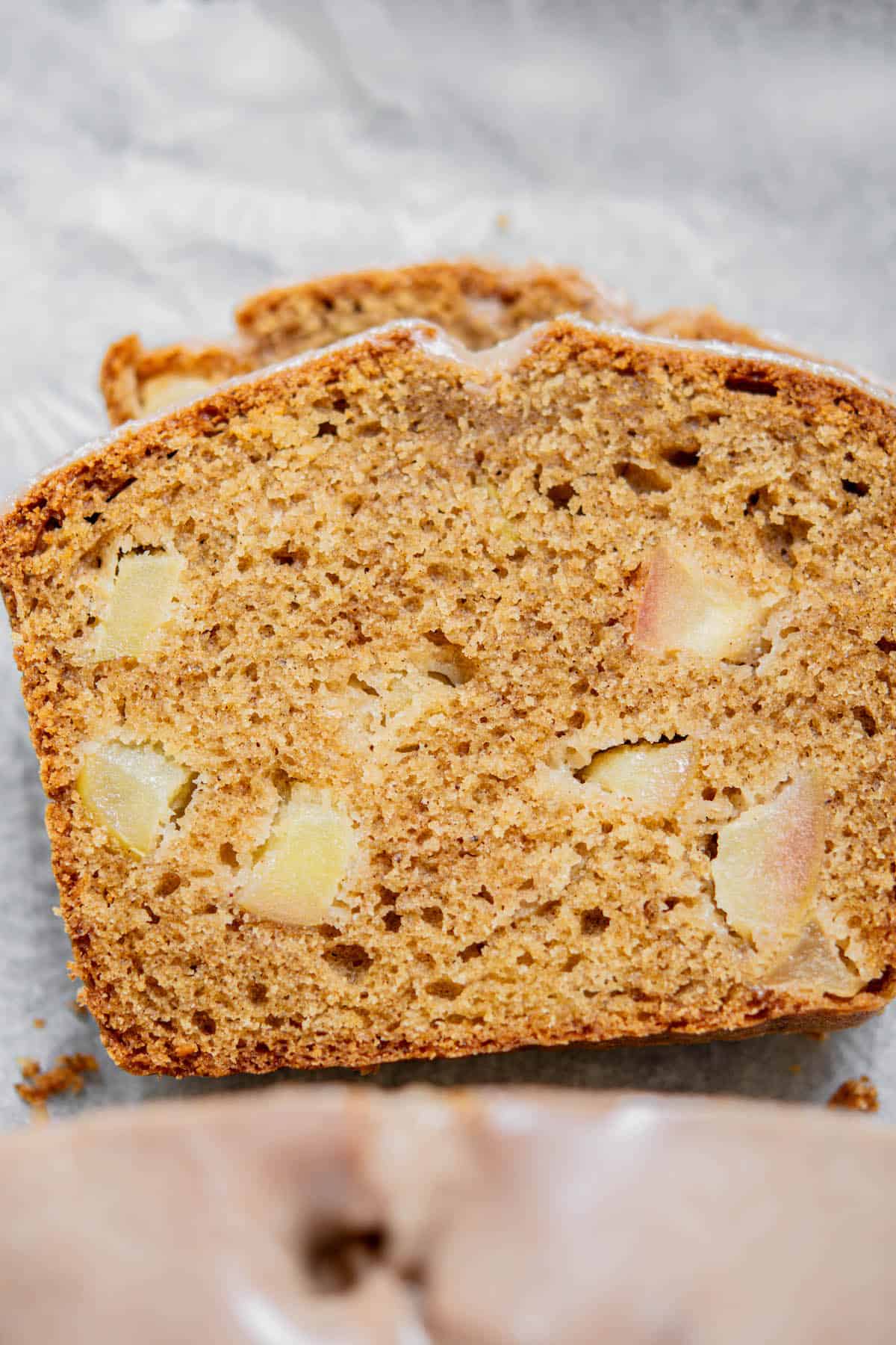 slice of apple bread close up.