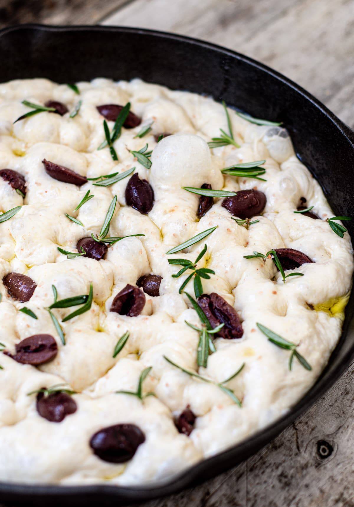 a black skillet with focaccia bread dough in it topped with green rosemary and purple olives