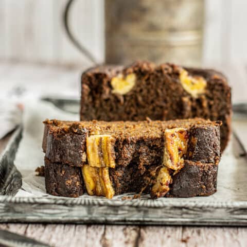 close up of banana bread slices.