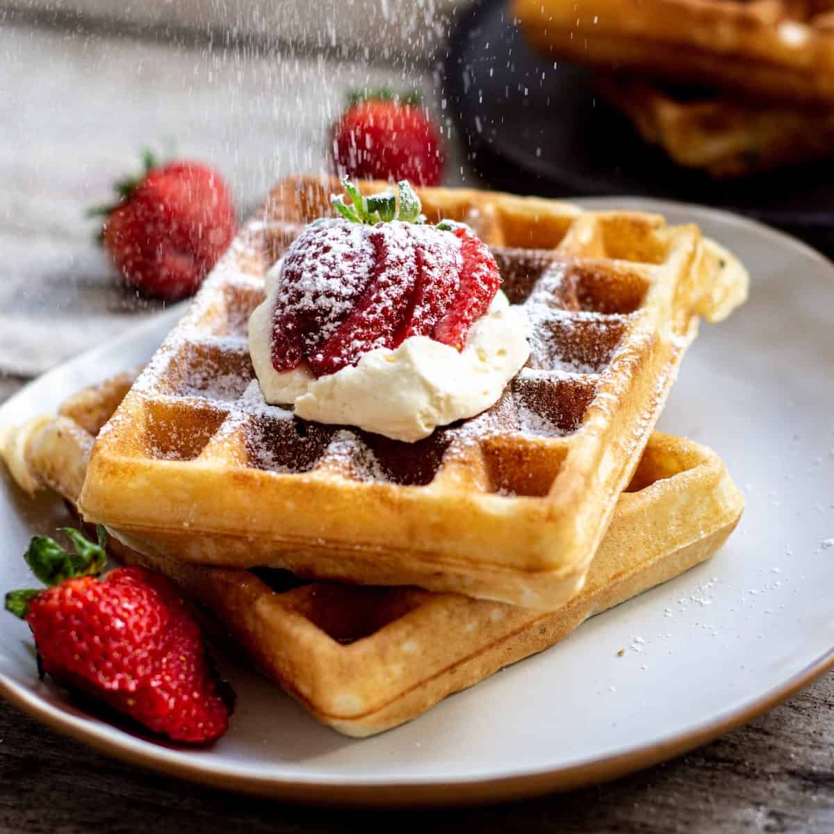 a plate of waffles.