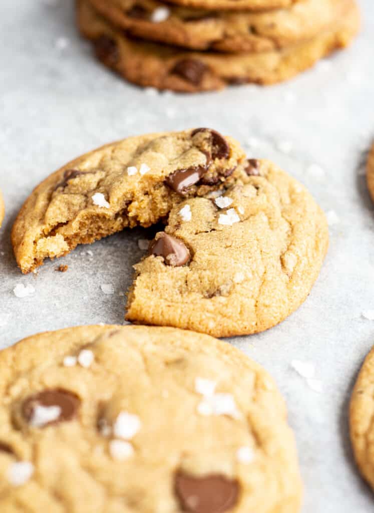 close up of a cookie with melted chocolate chips