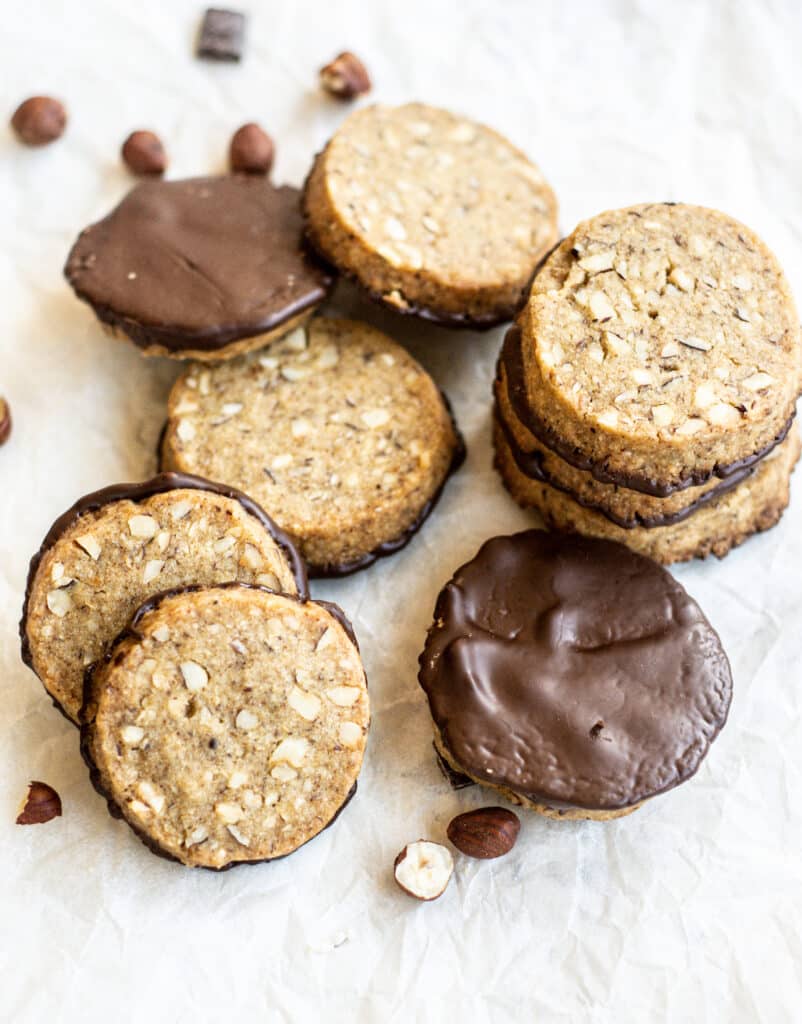 Stacks of hazelnut and chocolate cookies