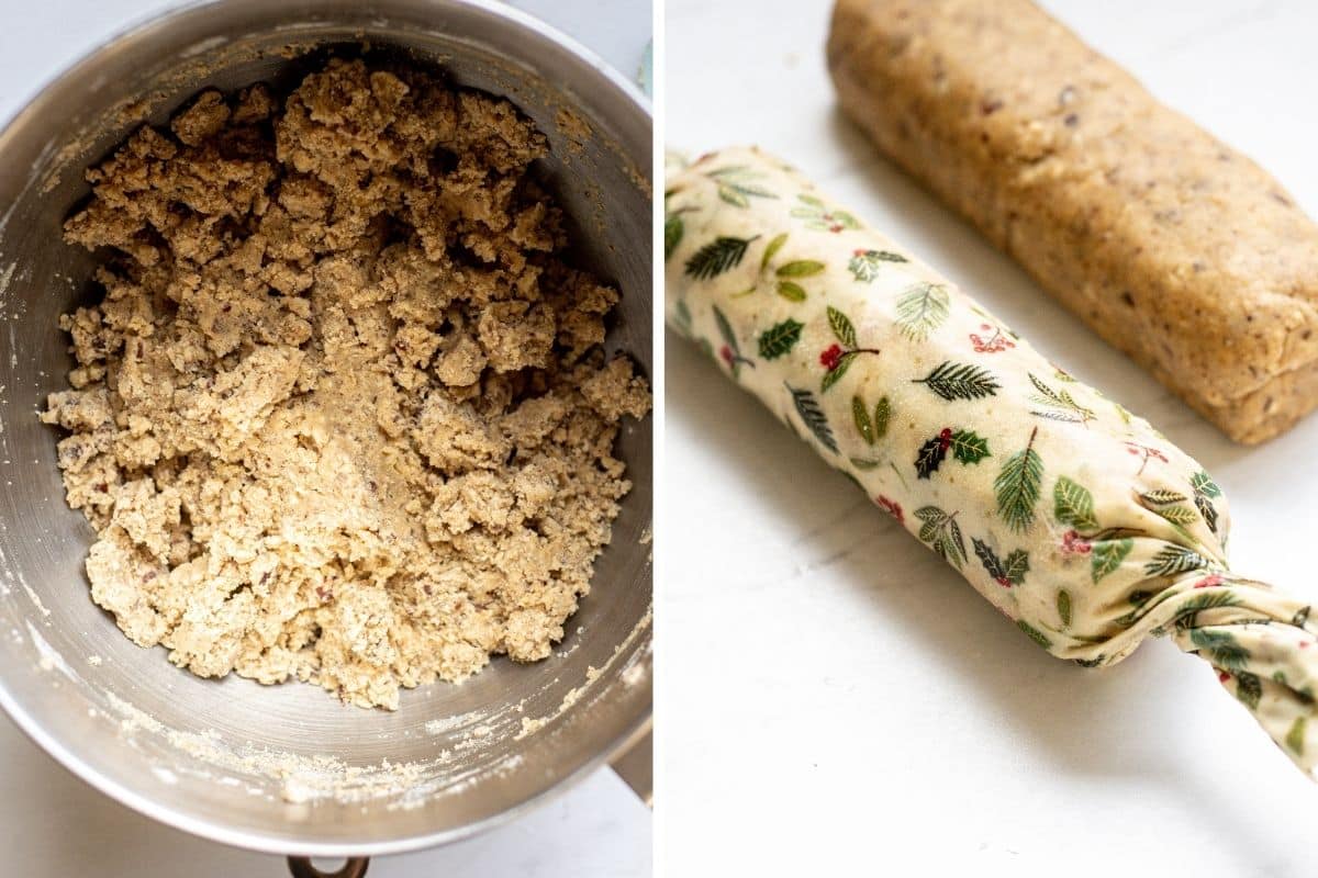 Side by side of cookie dough, then cookie dough rolled into logs