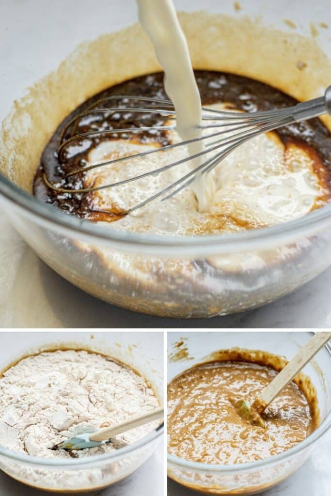 gingerbread batter being mixed in a glass bowl