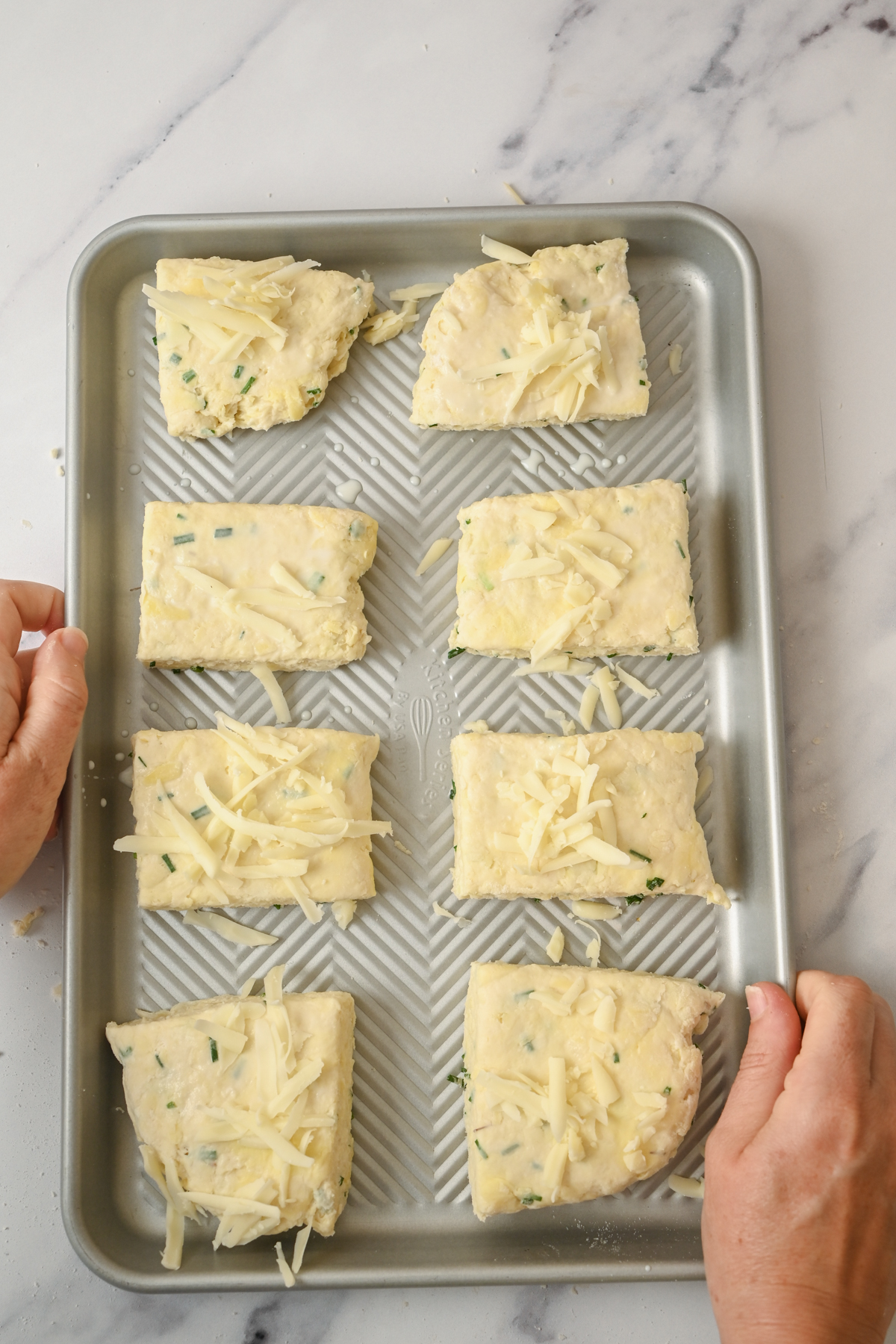 A baking tray with eight unbaked sourdough cheese scones topped with shredded cheese is held by two hands on a marble countertop. The scones have visible green herbs mixed in the dough.