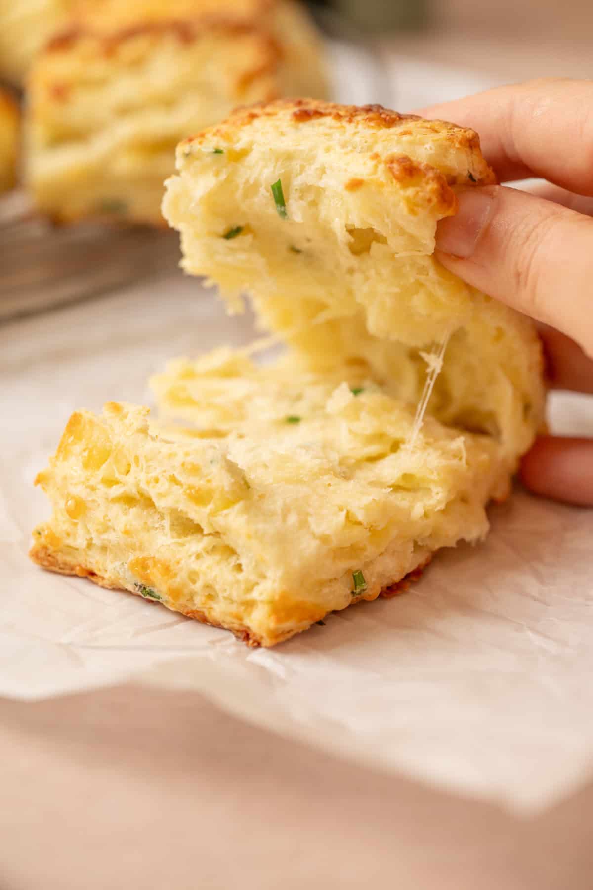 A hand pulls apart a soft, flaky sourdough cheese scone with visible bits of green herbs, set on crinkled parchment paper. The scone looks airy and tender, showing a light, fluffy interior.