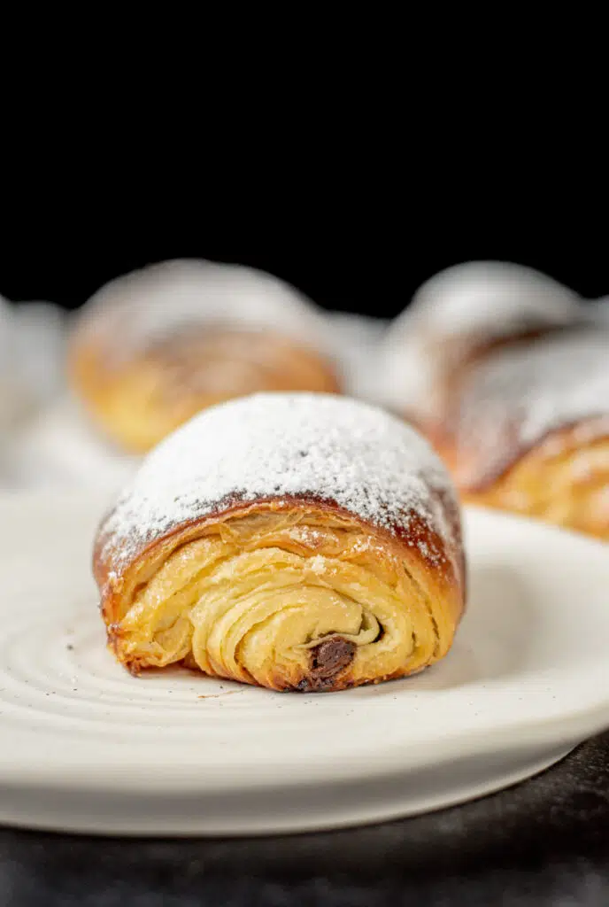 a plate with a chocolate croissant