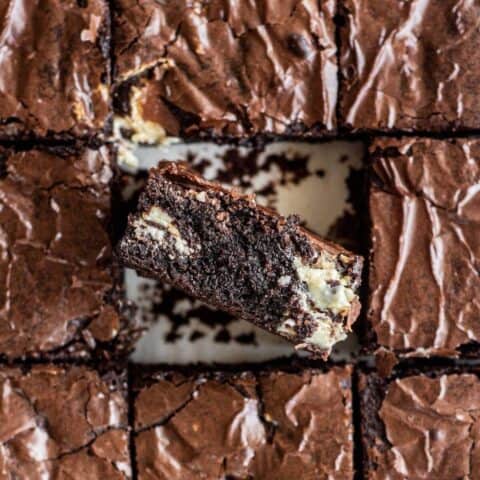 close up of fudgy triple chocolate brownies.