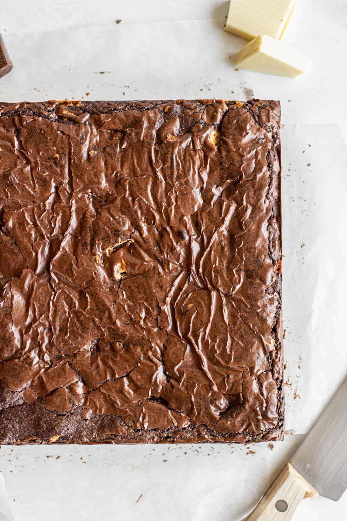 slab of triple chocolate brownies.