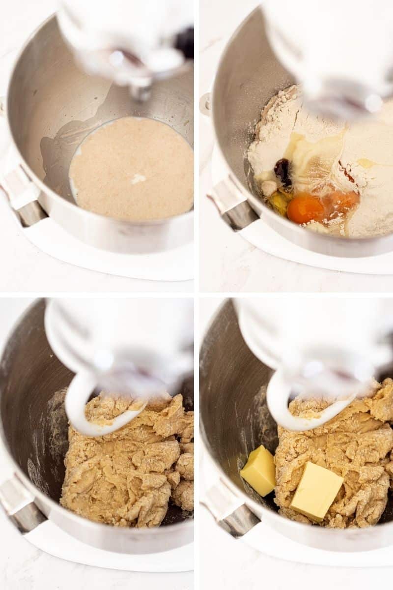 donut dough being mixed in a stand mixer.