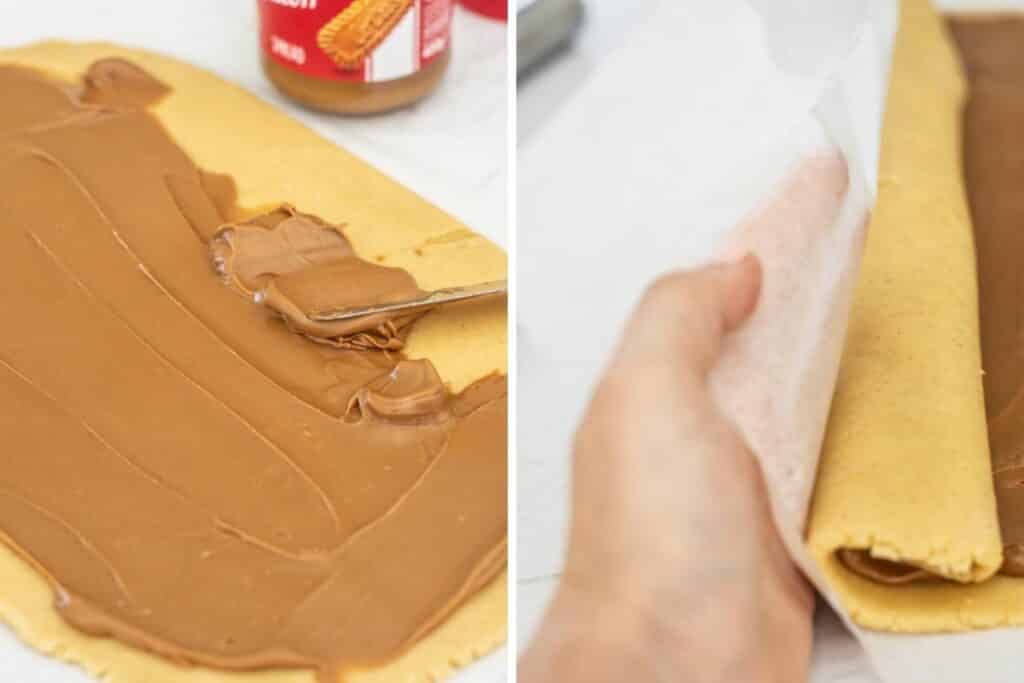 biscoff cookie butter spread onto cookie dough and rolled up.