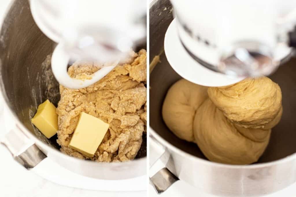 donut dough being mixed in a stand mixer.