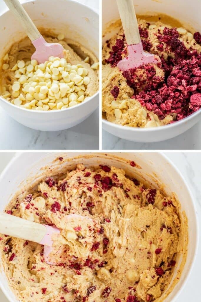 cookie dough with raspberries and white chocolate.