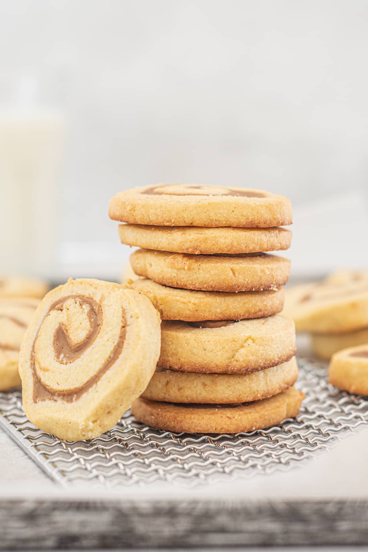 a tall stack of biscoff swirled cookies.