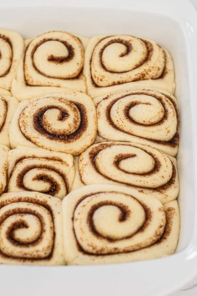 proofed cinnamon rolls in a white tray.