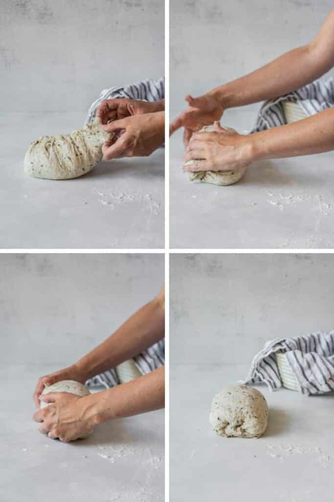 4 pictures of hands folding dough.