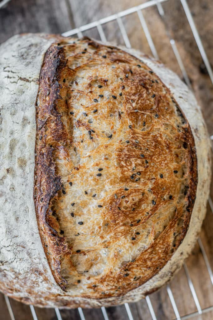 a close up of a loaf of sourdough.