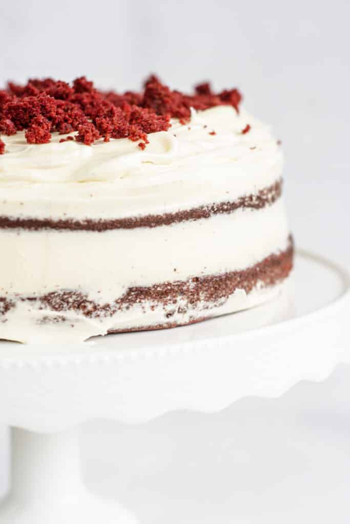 an iced red velvet cake.