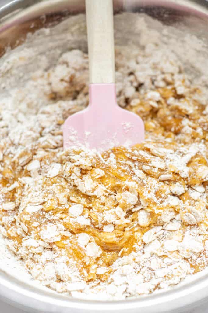 oat batter with pink spatula.