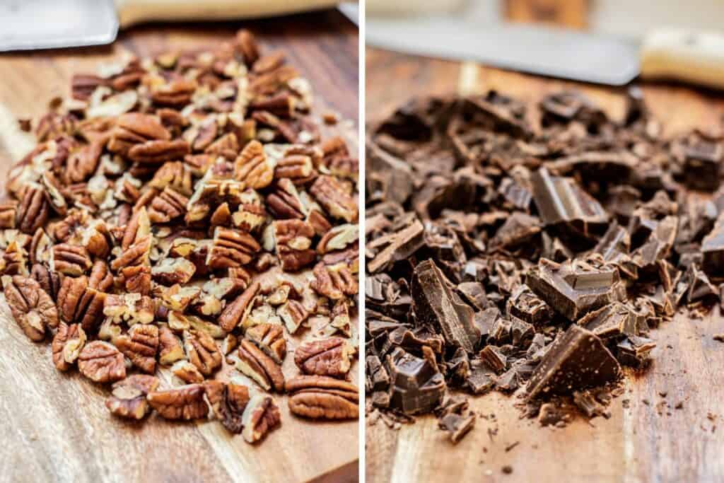 chopped pecans and chocolate on a wooden board.