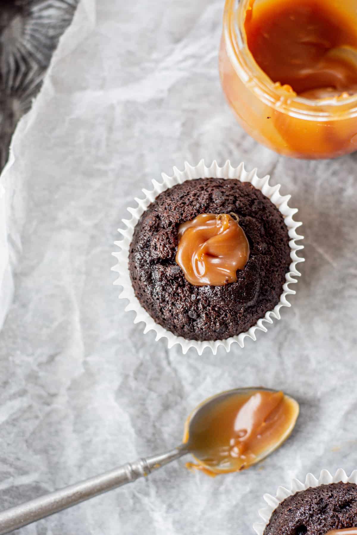 caramel inside a chocolate cupcake.