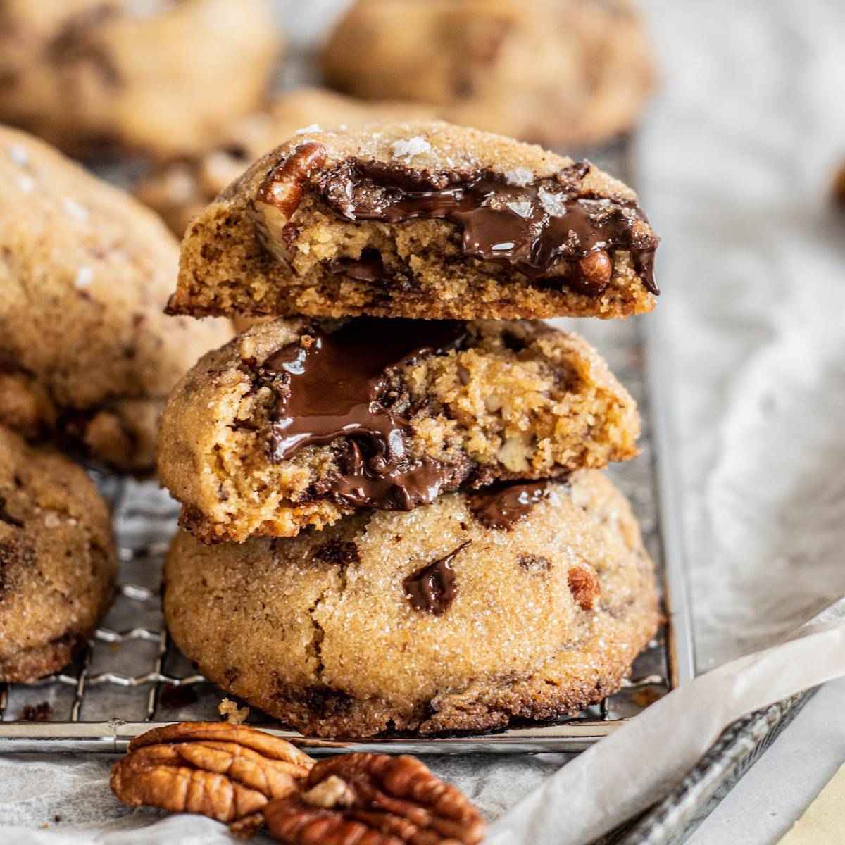 pecan cookie with melted chocolate.