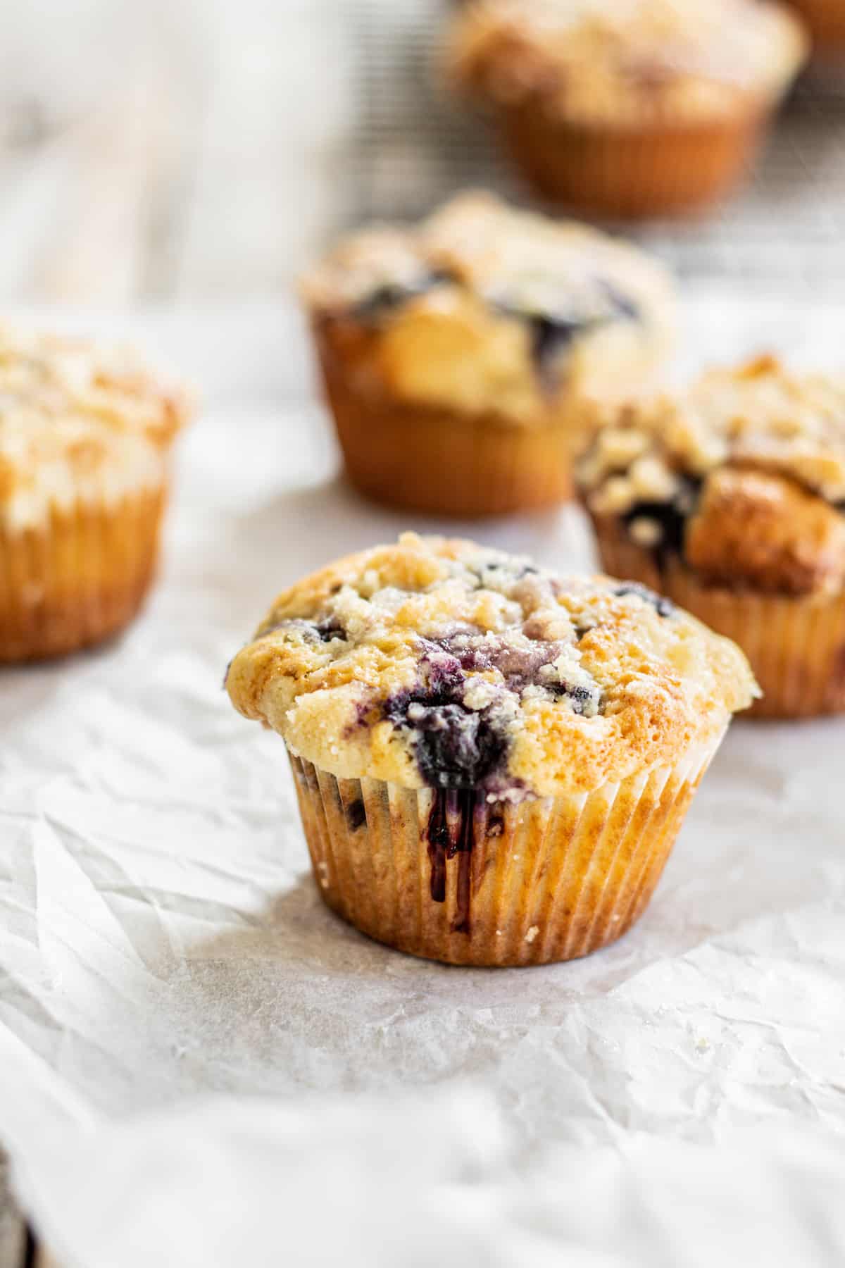 side view of blueberry muffins.