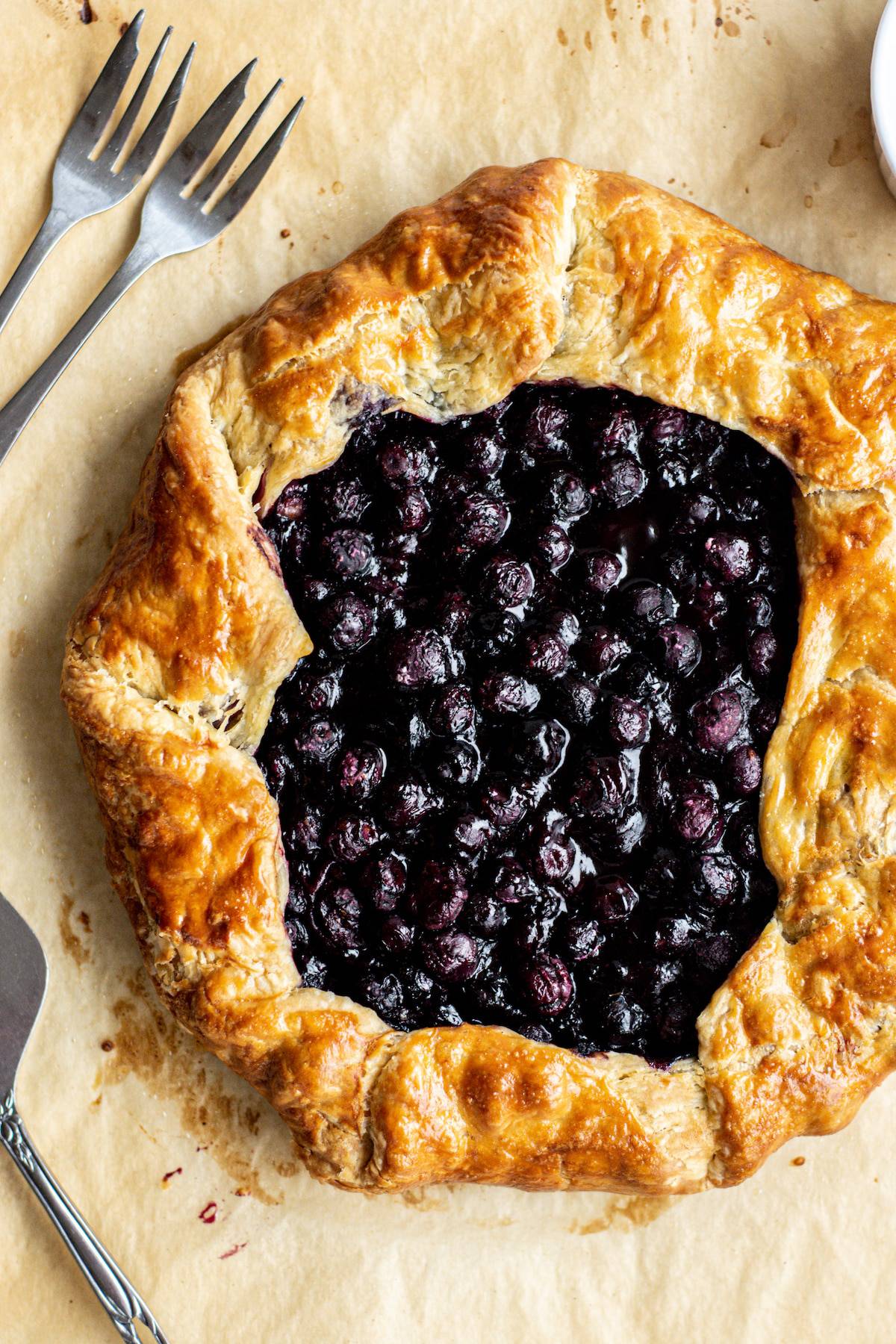 birds eye view of puff pastry blueberry galette.