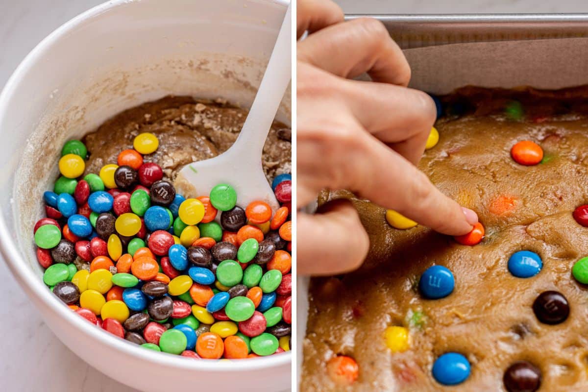 m and ms being pressed into dough.