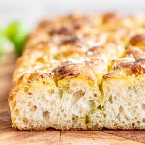 close up of pesto focaccia.