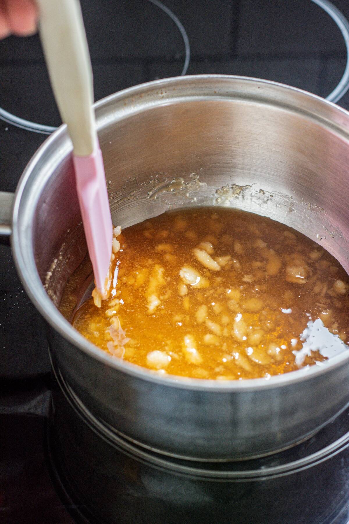 dry caramel being made.