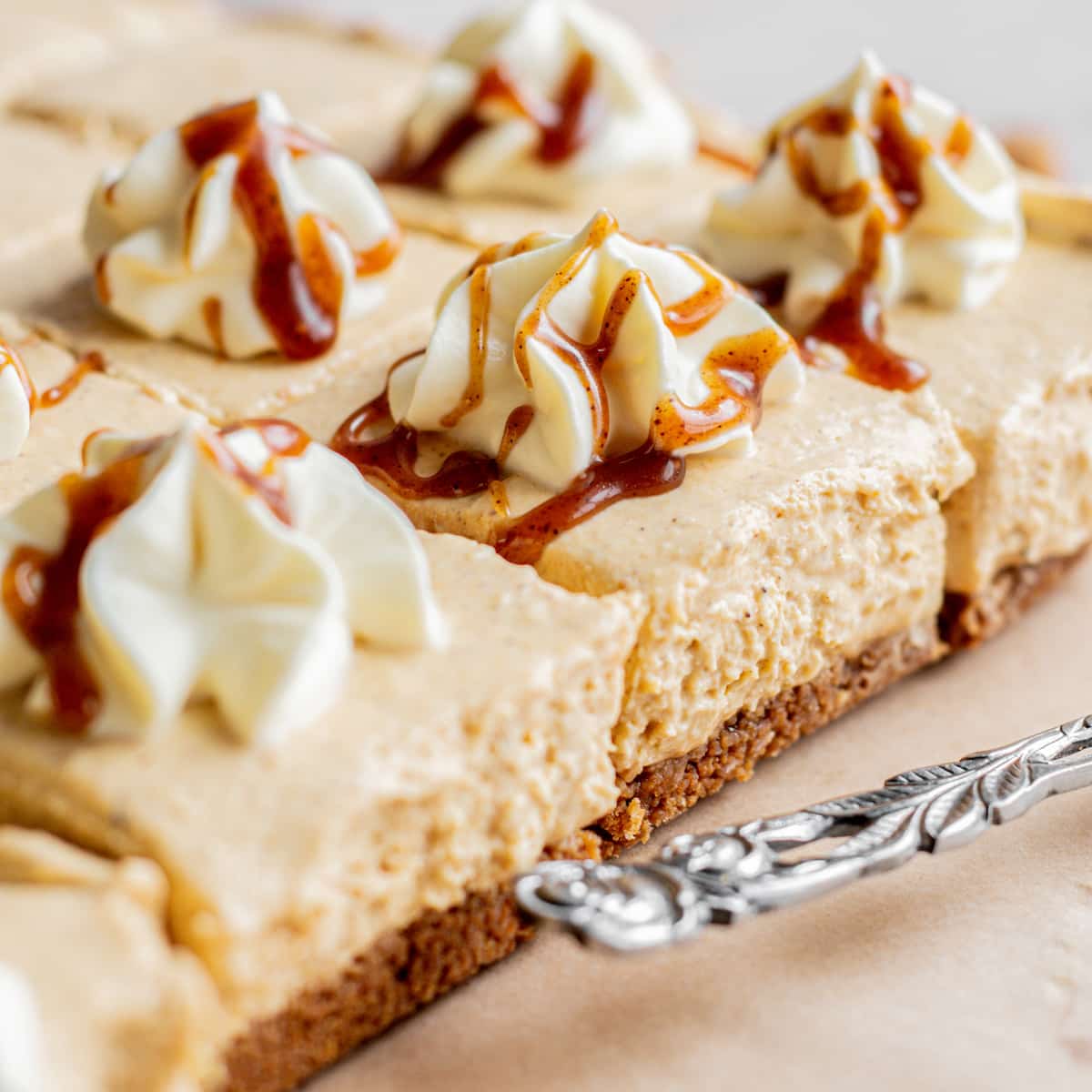side view of no bake pumpkin cheesecake bars.