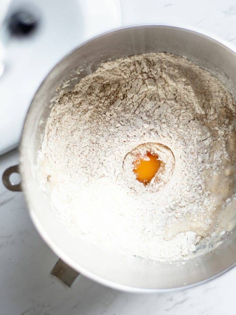 egg and flour in a bowl.