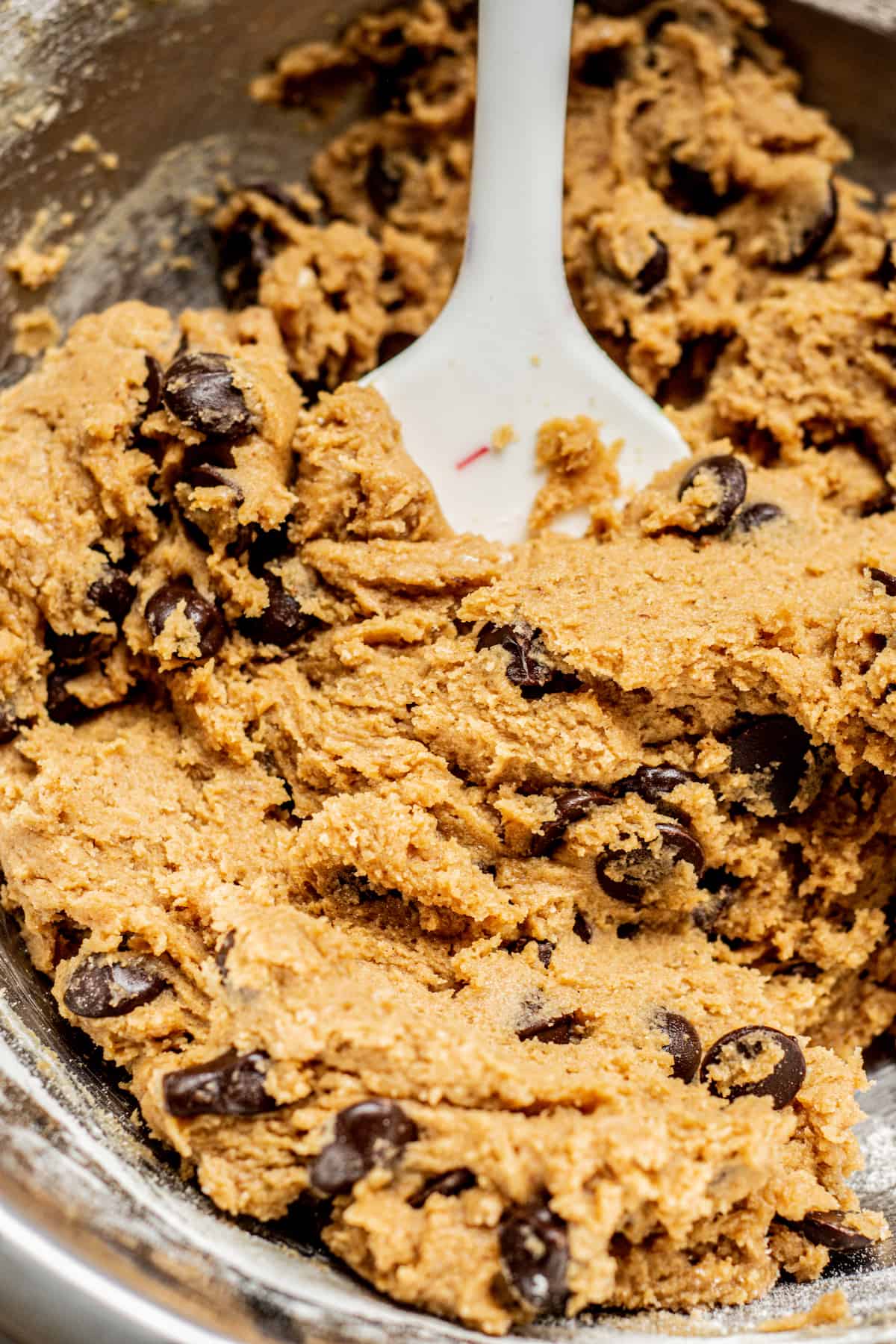 a bowl of chocolate chip cookie dough.