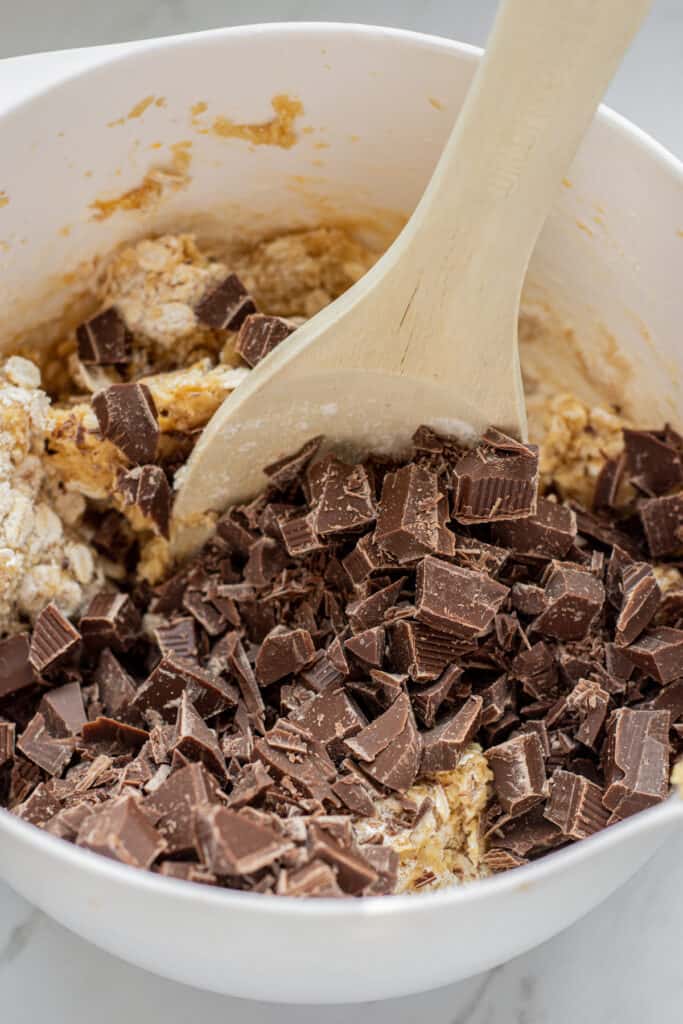 a bowl of chocolate chunks in cookie dough.