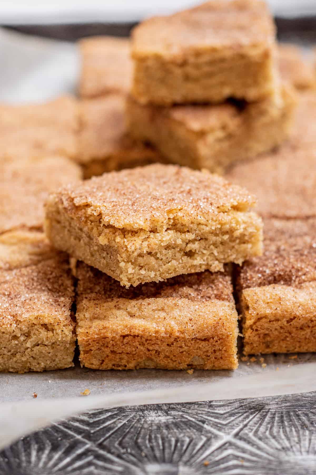 close up of snickerdoodle cookie bars.