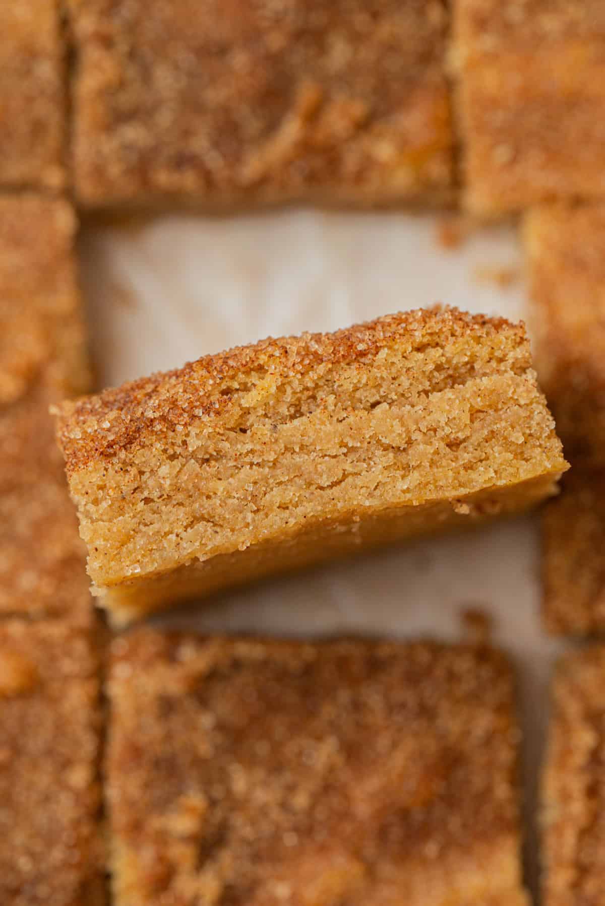 A close-up of snickerdoodle cookie bars with a soft, crumbly texture, stacked atop similar bars and dusted generously with a cinnamon-sugar coating.