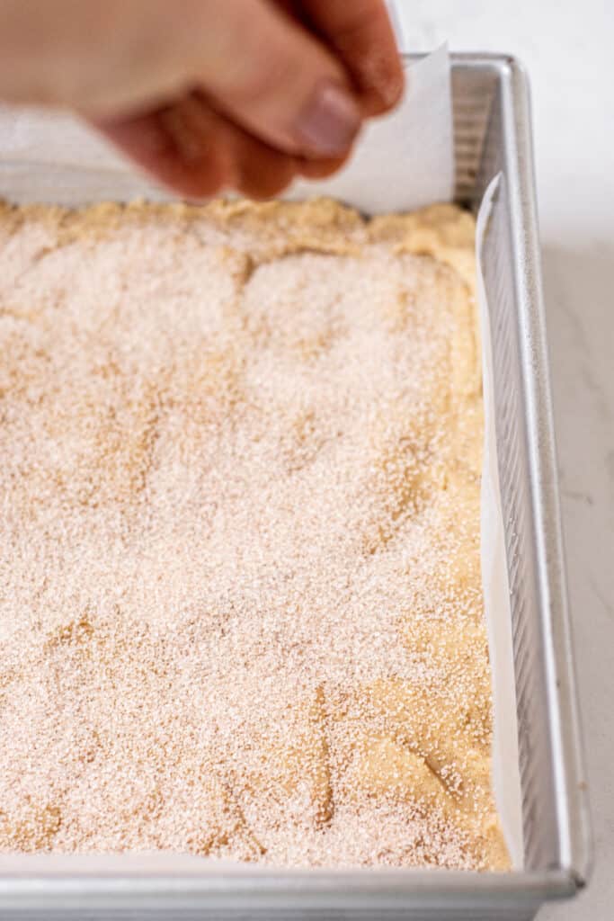a hand sprinkling sugar on snickerdoodle cookie dough.