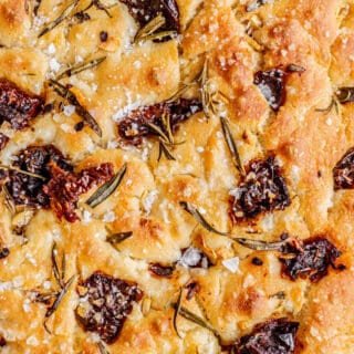close up of sun dried tomato focaccia.
