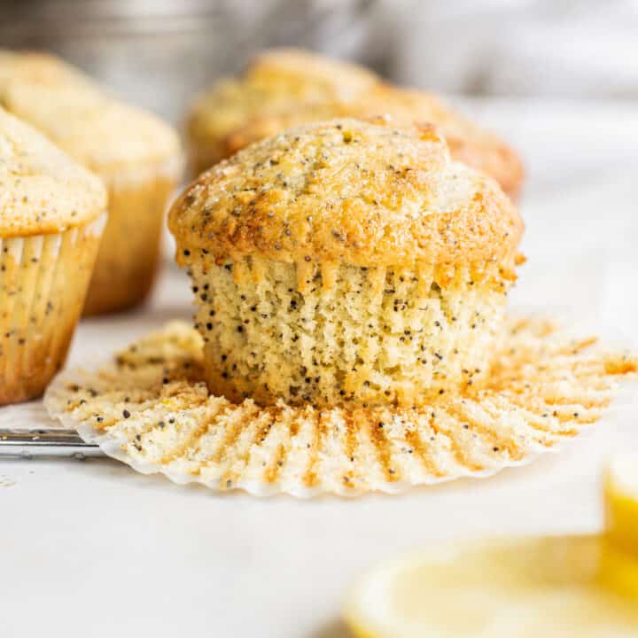 close up of lemon poppy seed muffin.